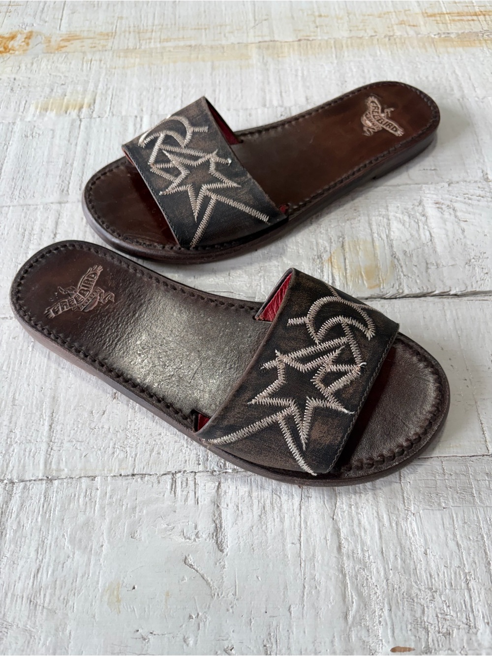Freebird Gypsy Leather Slide Sandals size 6 Celestial Moon Star Embroidered